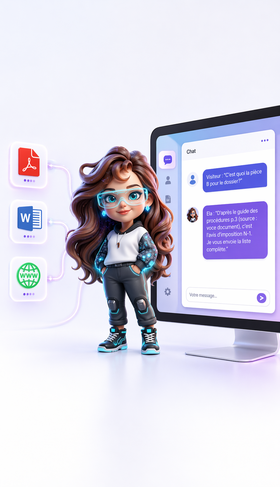 Mascotte ELA ASSISTANTE® connectée aux documents de l'entreprise